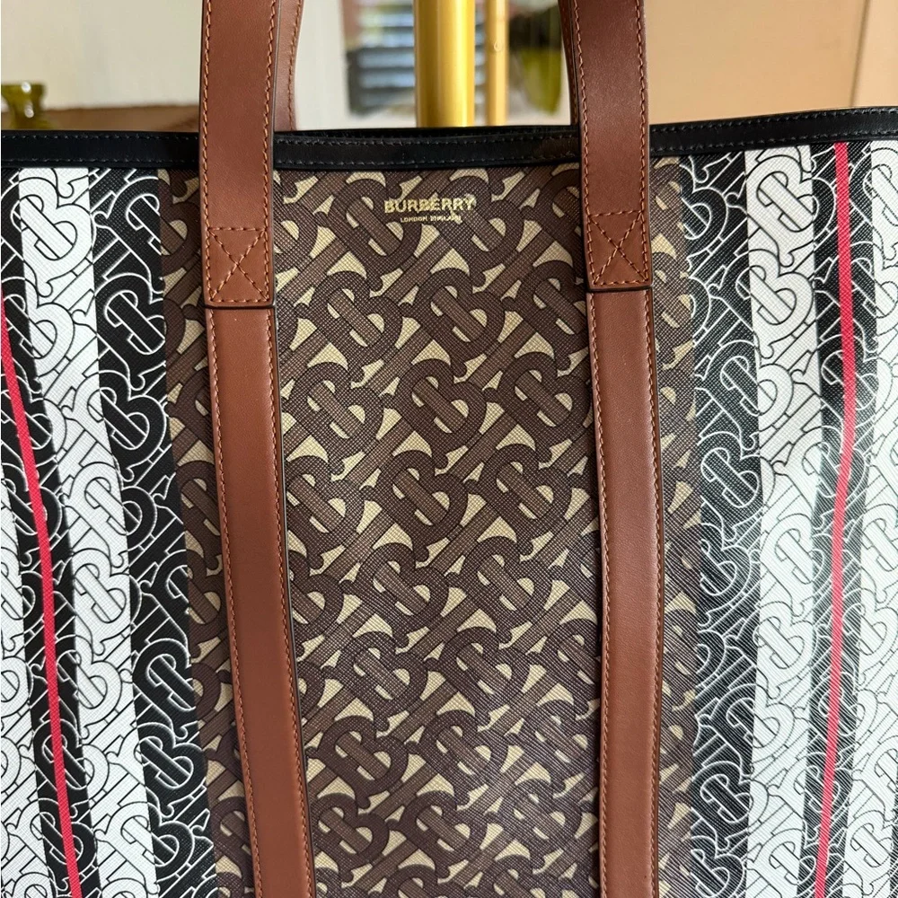 Burberry Brown Monogram Stripe Canvas Tote with White and Red Accents